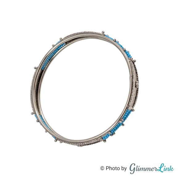 Southwestern Style Silver Tone Bangle Bracelet with Teal Seed Beads - Picture 4 of 9